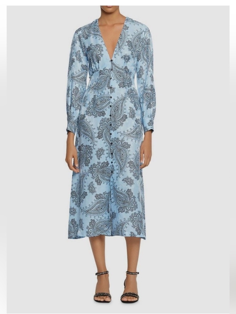 Sandro Powder Blue Paisley V-Neck Midi Dress. Size 36 (US 4)